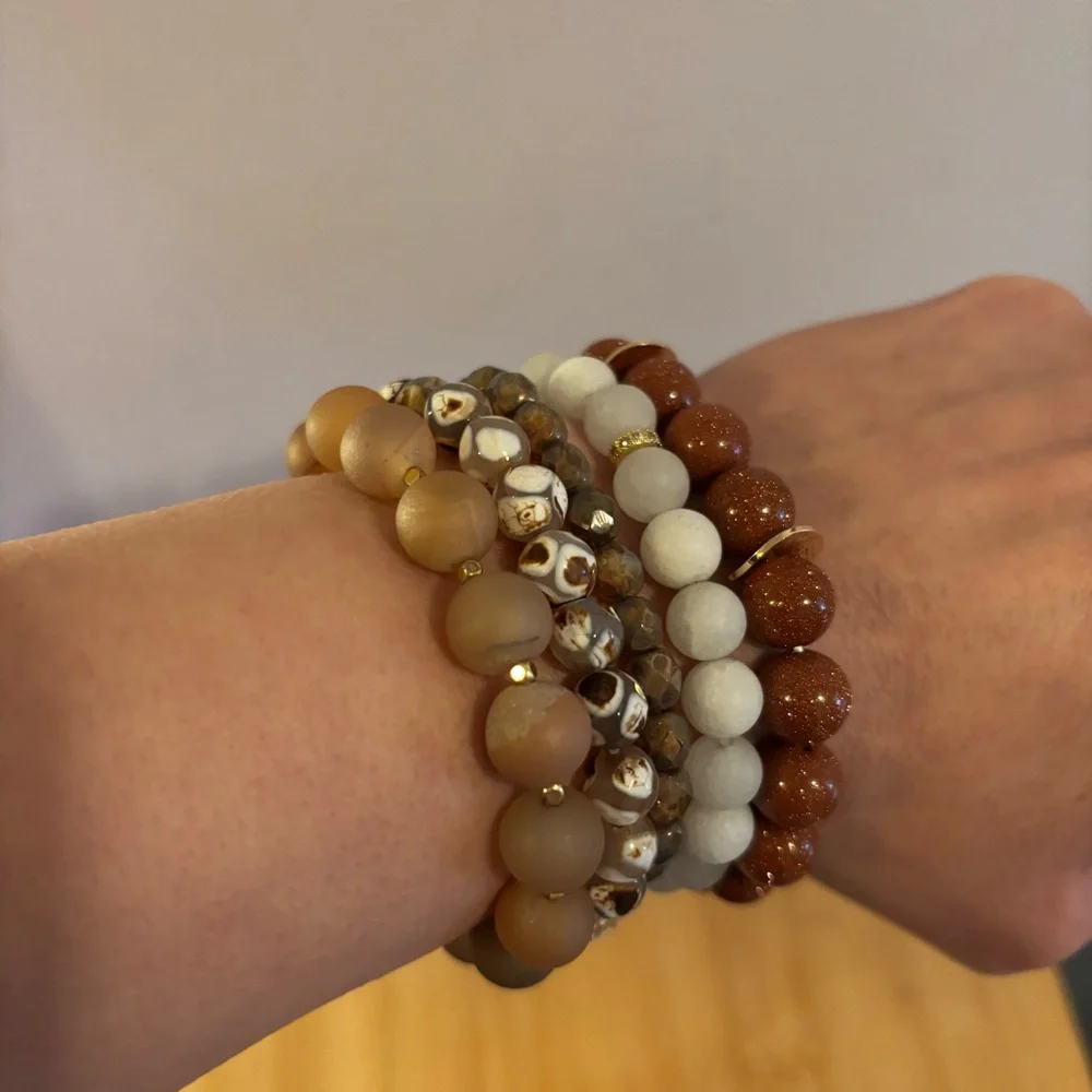 Handmade Etched Agate Goldstone Czech Glass Bracelet Stack Set of 5 NWT